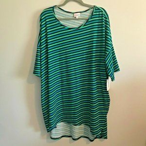 LuLaRoe Irma  Blue Green Blacked Striped Tunic Size 3XL High-Low Shirt